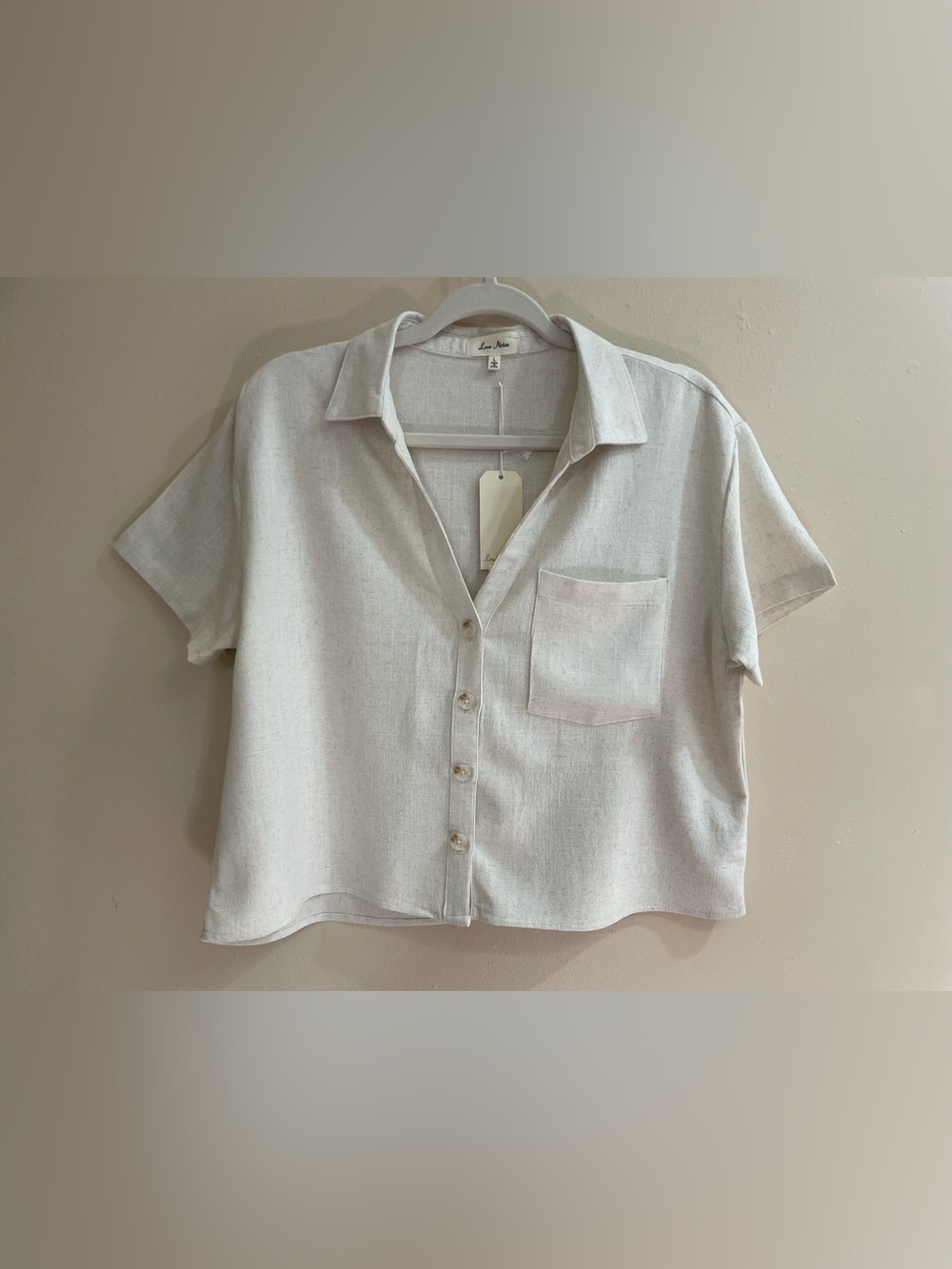 NWT Love Notes Size L Cream 70% Rayon 30% Linen Short Sleeve Button-Up